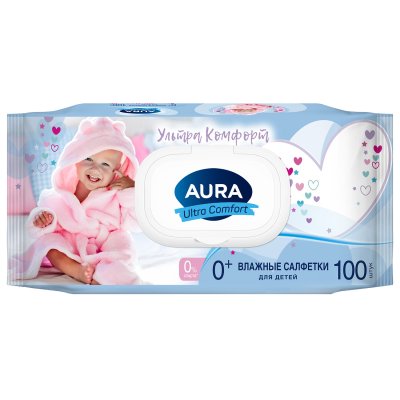 Салфетки влажные 100шт AURA Ultra comfort детские с крышкой 1/12