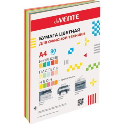 Бумага офисная А4 90л 15цв deVente 2072261 5 интенсив, 5 пастель и 5 неон цветов 1/20